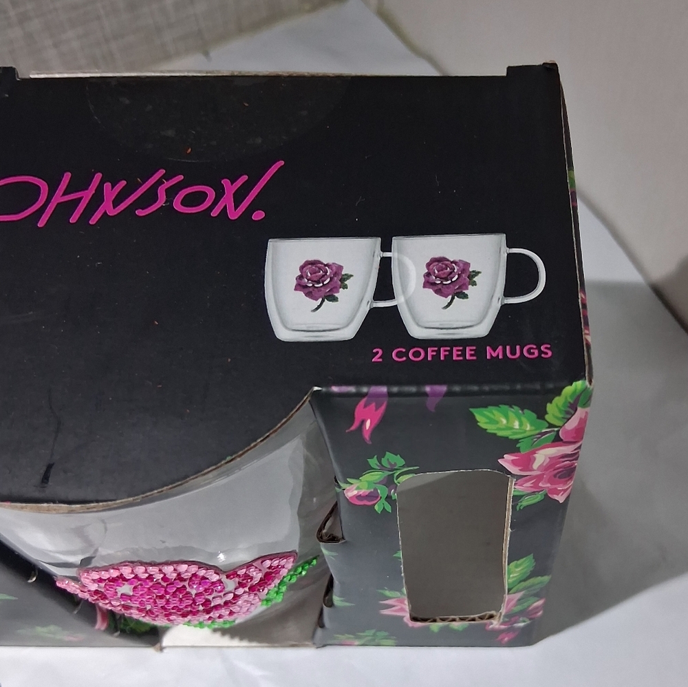 Betsey Johnson Set of 2 Glass Coffee Mugs BEADED ROSES BRAND-NEW sealed - Picture 4 of 12